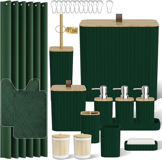 Bathroom Accessory Set - Dark Green Bathroom Set, 27PC Bathroom Accessories Set, Bathroom Sets with Shower Curtain and Rugs, Mini Trash Can, Toilet Brush, Trash Can & Soap Dispenser