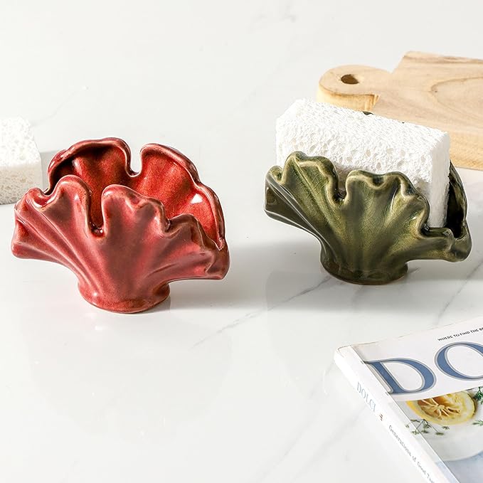 Ceramic Sponge Holder,Sponge Holder for Kitchen Sink,Compact Sink Caddy Organizer, Dish Sponge Holders,Farmhouse Kitchens Decor Cute Gadgets Accessories,Christmas Kitchen Decor(Red)