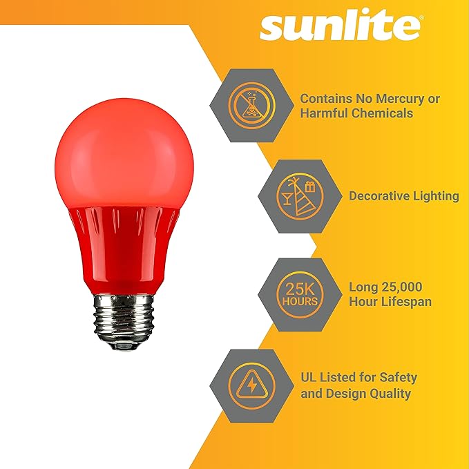 Sunlite 40471 LED A19 Colored Light Bulb, 3 Watts (25w Equivalent), E26 Medium Base, Non-Dimmable, UL Listed, Party Decoration, Holiday Lighting, 6 Count, Red