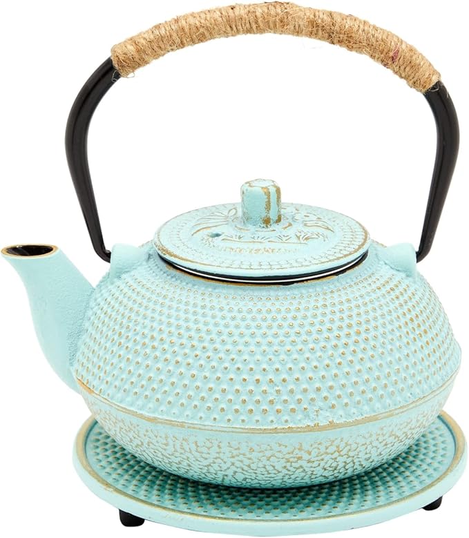 Juvale Cast Iron Tea Kettle with Infuser - Green, 18 oz/500 ml, 3-Piece Set - Teapot for Brewing Loose Leaf Tea - Stovetop Safe Tetsubin Set with Trivet