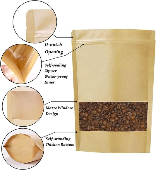100 PCS Resealable Bags, Stand Up Kraft Paper Bags with Matte Window, Zipper Lock Food Storage Bags for Small Business and Home, 3.5 * 5.5 Inches Reusable Sealable Bags for Packaging
