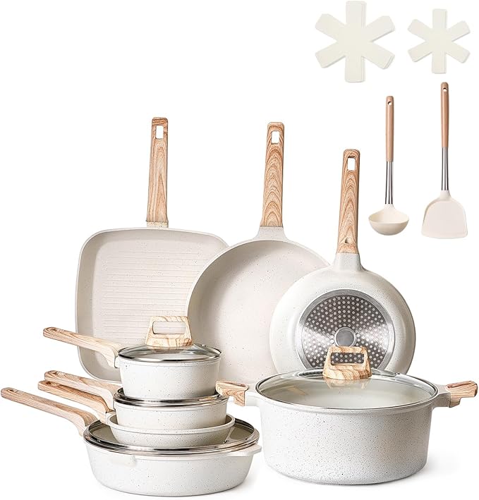 VEVOR 19 Piece Pots and Pans Set Nonstick, Granite Cookware Set, Induction Cookwares, Kitchen RV Cooking Sets with Frying, Sauce, Saute, Tempered Glass Lids, and Pan Protectors, White