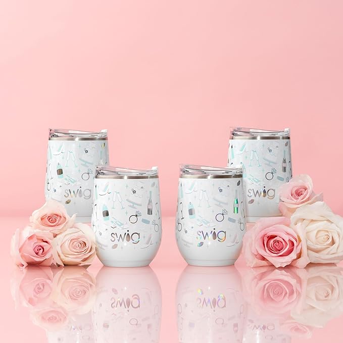 Swig Life 12oz Wine Tumbler with Lid, Stainless Steel, Dishwasher Safe, Portable, Triple Insulated Wine Tumbler (Bride to Be)