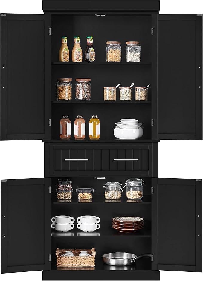 Yaheetech Kitchen Pantry Storage Cabinet with Drawer, Freestanding Pantry Cabinets with 2 Adjustable Shelves, 72.5" Tall Storage Cupboard for Kitchen/Dining Room/Bathroom/Hallway, Black