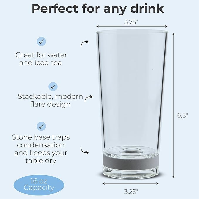 Coast Glassware The Tall – Patented Highball Drinking Glasses with Built-In Stone Coaster Base – Absorbent, Surface-Protecting Water & Cocktail Glasses – Premium Gift Pack (Set of 2) - 16 oz