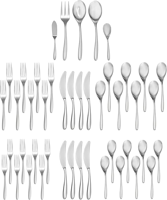 Nambé Bend 45-Piece Flatware Collection – Excellent Forged Stainless Steel Utensils with Graceful Curved Handles, Service for 8 with Hostess Set – Contemporary Tableware for Dining & Events