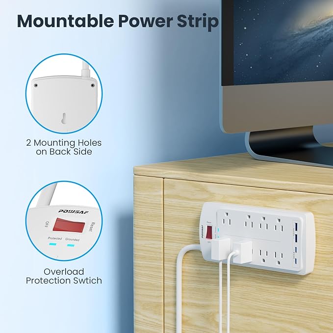 8-Outlet Surge Protector Power Strip, POWSAF 5Ft Flat Plug Extension Cord with 2 USB-C (PD 20W) Fast Charging Ports and 2 USB-A Ports for Home, Office, 2700 Joules, ETL, White