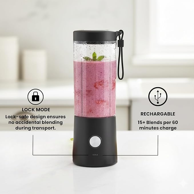 Portable Blender for Smoothies & Shakes - 16oz Cordless Mini Blender, USB-C Rechargeable & Self-Cleaning, and Stainless Steel Blade - Black (2)