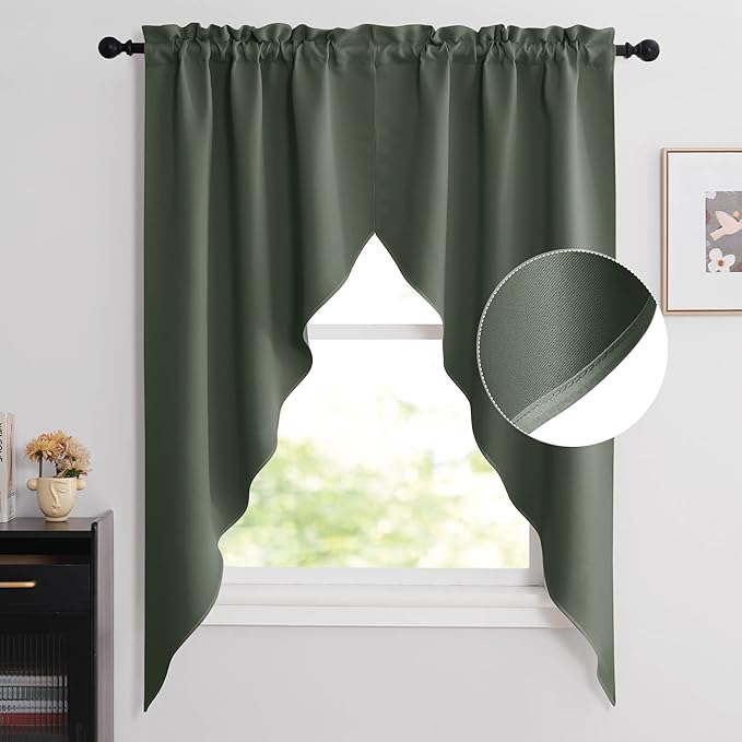 NICETOWN Swag Waterfall Curtains for Bedroom, Farmhouse Rod Pocket Window Curtains for Living Room, Room Darkening Country Curtains for Bathroom (Dark Mallard, 1 Pair, 36" x 63" x 18" per Panel)
