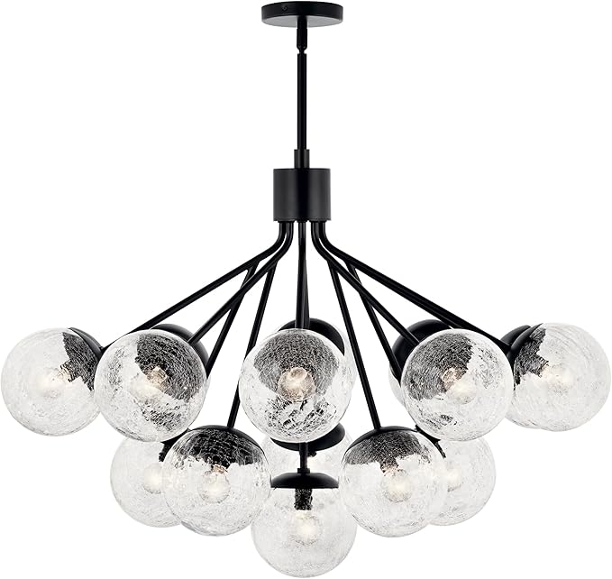 KICHLER Silvarious 16-Light Convertible Chandelier, Soft Modern Light with Clear Crackled Glass in Black, for Dining Room, Living Room or Foyer (26" x 38"), 52702BK