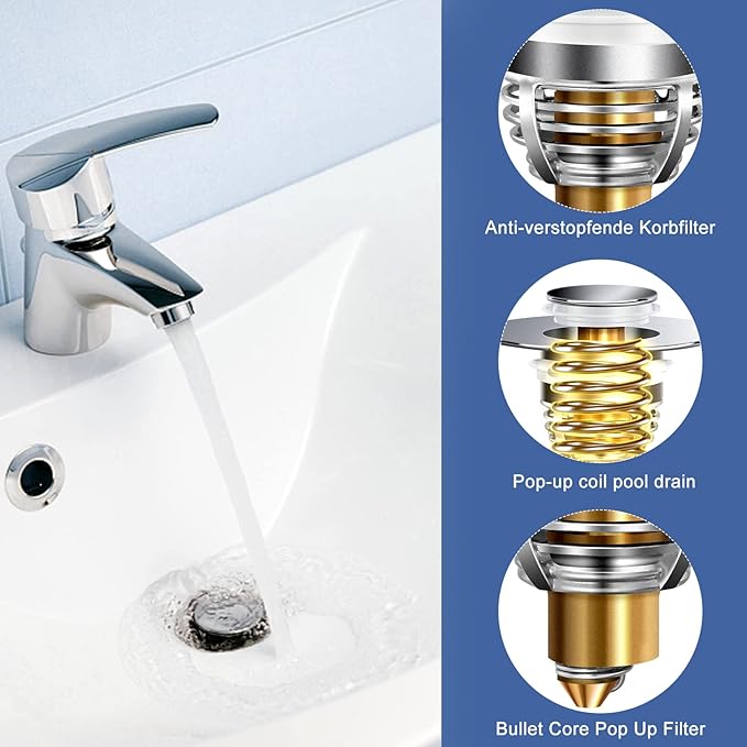 AURUZA 2 Pack Universal Bathroom Sink Stopper, Strainer for 1.1-1.5 Inch Bullet Core Push Type Basin Pop Up Drain Filter,Bathtub Converter with Anti Clogging Basket Hair Catcher