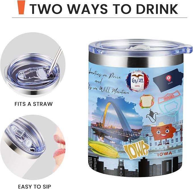 12oz Coffee Mug Iowa State Insulated Coffee Cups, United States Map Travel Mug Landmark, Birthday Gifts Cute Mugs with Lid and Straw Mothers Day Gifts
