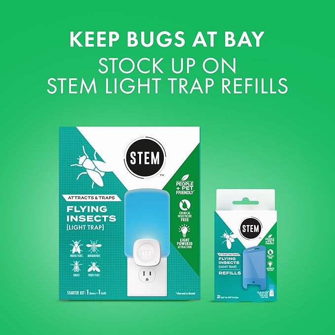 STEM Insect Trap - Indoor Fruit Fly & Gnat Pest Control for House, Home and Kitchen, Attracts & Traps Flying Bugs, Soft Blue Light - Includes 1 Plug-in Device & 1 Cartridge