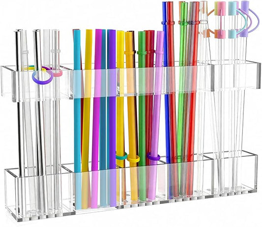 Acrylic Straw Holder, 9.5inch Large Adjustable Straws Organizer Storage, Reusable Tumbler Straw Storage Dispenser Straws with Ultra Sticky Adhesive Strips for Kitchen Cupboard Door(Transparent)