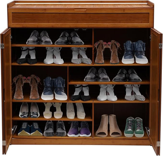 7 Tier Shoe Cabinet, 46 * 13 * 45.3in Entryway Shoe Storage Cabinet Large Bamboo Shoe Storage Cabinets Free Standing Shoes Rack with Doors for Entryway Living Room