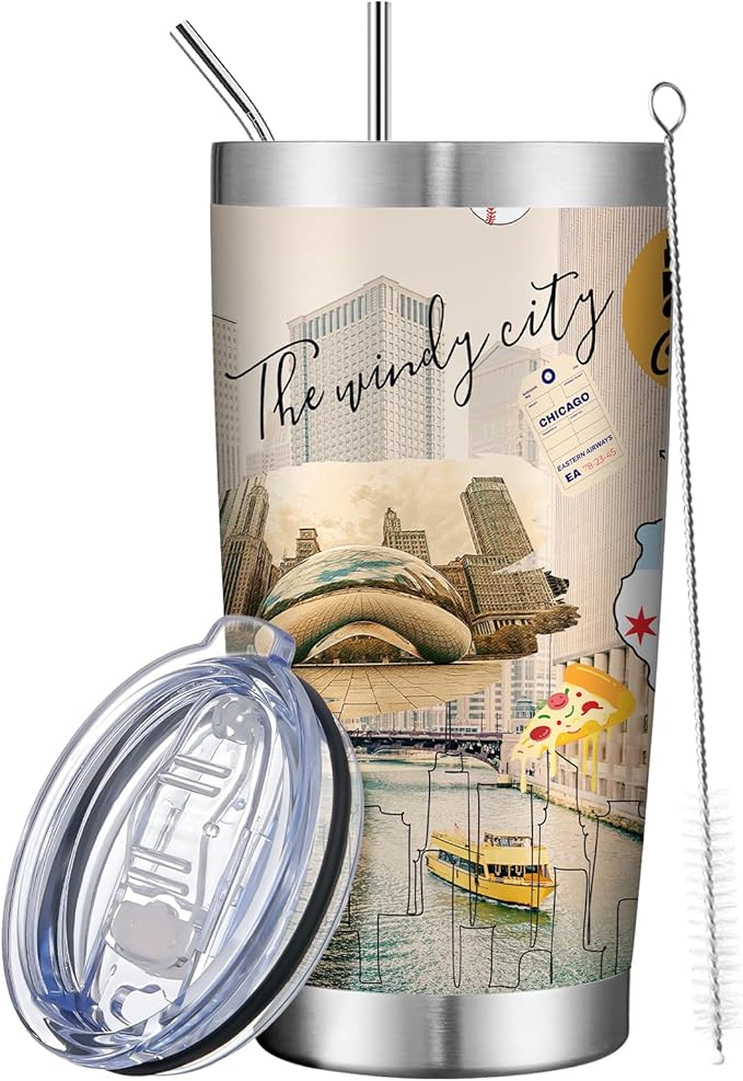 20oz Insulated Tumbler Chicago City Coffee Mug, United States Map Travel Mug Landmark, Birthday Gifts Cute Custom Tumbler Cups with Lid and Straw Gifts for Mom
