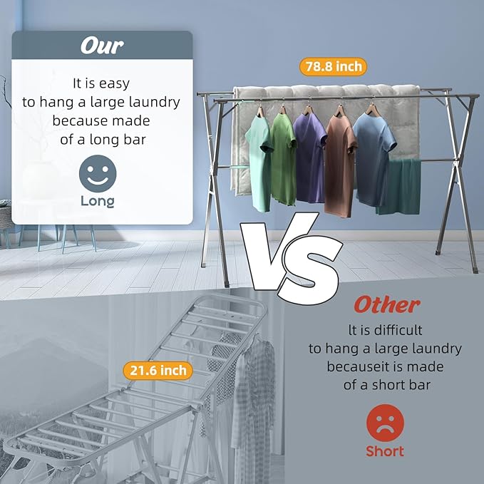 Clothes Drying Rack,Heavy Duty Stainless Steel Garment Rack,Adjustable and Foldable Laundry Drying Rack for Indoor Outdoor Drying Rack Clothing with 20 Windproof Hooks (Silver, 79")