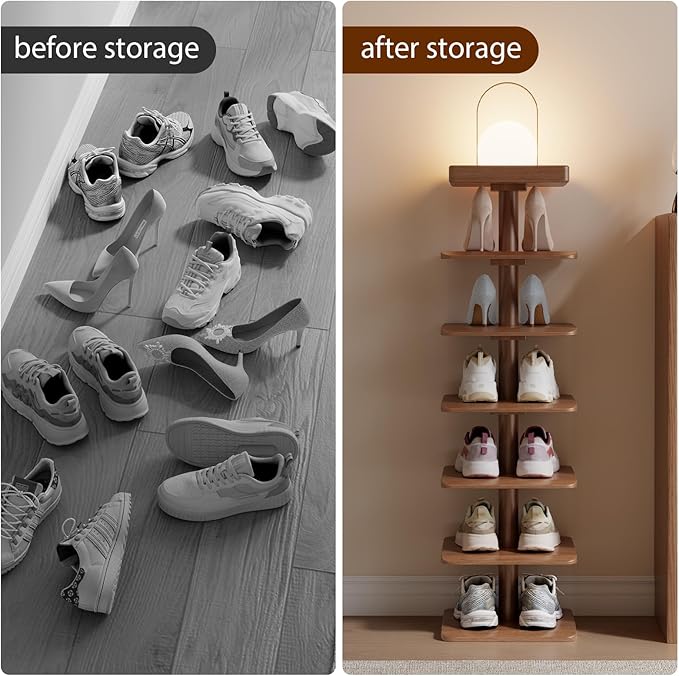 Vertical Shoe Rack for Entryway, Wood Narrow Shoe Rack with Compact Design for Small Space, 6-Tier Shoe Organizer for Entryway Hallway Bedroom Closet