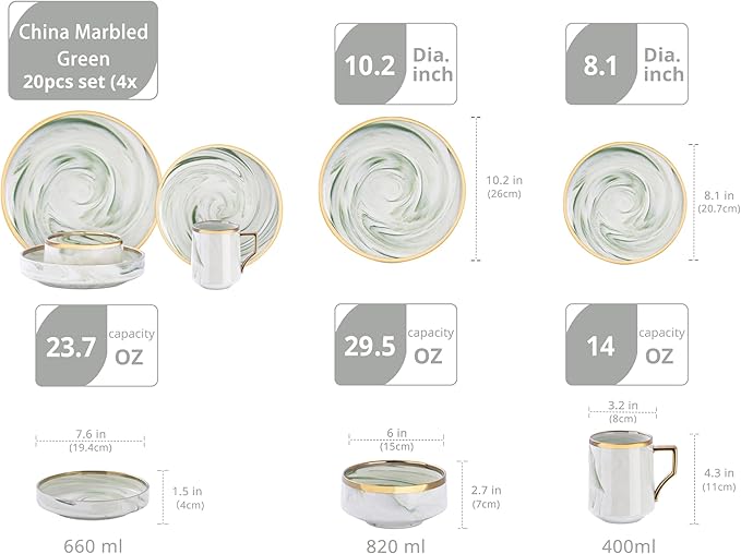 20 Piece Plates and Bowls Sets, Fine China Artisan Marbled Dinner Set for 4, Dishwahser Safe, Scratch Resistant, Green with Gold Line