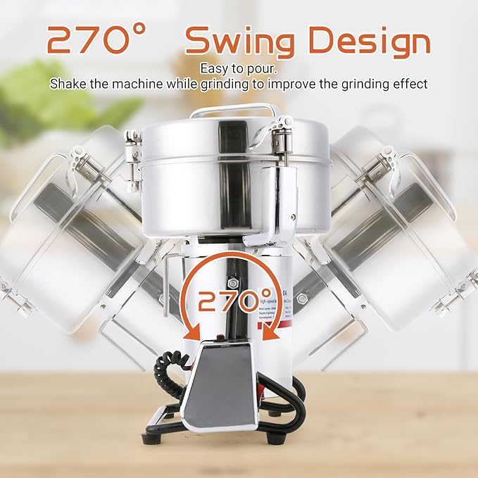 Electric Grain Mill Grinder 3000g Stainless Steel Pulverizer 36000r/min High-speed Grain Mill 4000W Dry Material Grinding Machine 270° swingable Superfine powder for Home and Commercial