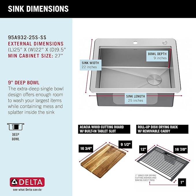DELTA FAUCET 95A932-25S-SS Lorelai Workstation Kitchen Sink Drop-in Top Mount Stainless Steel Single Bowl with WorkFlow Ledge and Chef’s Kit of 5 Accessories