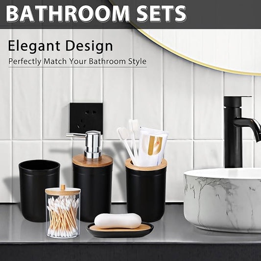 iMucci Bathroom Accessories Set 5Piece Black Bathroom Sets, Toothbrush Holder, Toothbrush Cup, Lotion Soap Dispenser, Soap Dish and Qtip Holder Bathroom Decor