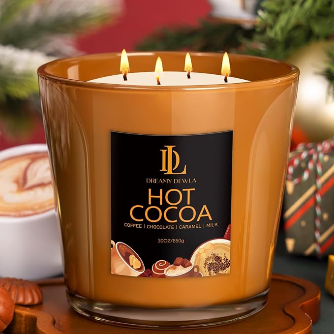 Large Christmas Candle Hot Cocoa Scented, 4 Wick Natural Soy Candles for Home Scented, 30oz Big Holiday Candle Long Lasting, Home Kitchen Scent Candles Christmas Gifts for Women Men