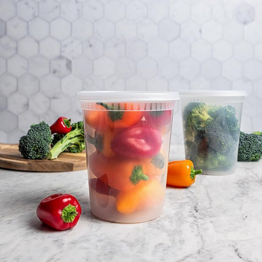 32 oz Deli Containers with Lids (240 Pack) Bulk – Plastic Quart Container with Lid Disposable 32oz freezer Soup & Food Storage Tall large Container 32 Ounce - Cups with Cover [240 Sets Case/Pack]