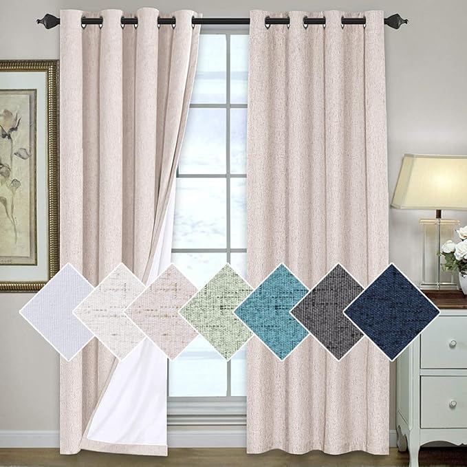 H.VERSAILTEX 100% Blackout Curtains for Bedroom 108 Inches Long Grommet Linen Face Full Light Blocking Curtain Drapes for Living Room Thermal Linen Look Curtains 2 Panels Set, 52" W x 108" L, Natural