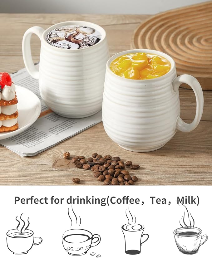 Hasense Coffee Mugs Set, 20 oz Large Coffee Cups with Handles, Ceramic Latte Cup for Tea, Cocoa, Oat Milk, Classic Soup Mug for Women and Men Gift, 2 Pcs, Clay-Infused White