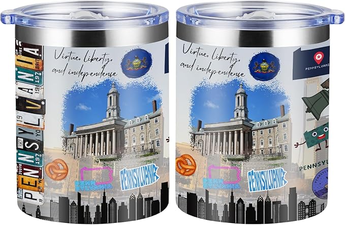 12oz Coffee Mug Pennsylvania State Insulated Coffee Cups, United States Map Travel Mug Landmark, Birthday Gifts Cute Mugs with Lid and Straw Gifts for Mom