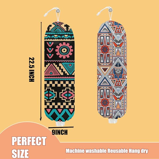2 Pcs Retro Boho Plastic Bag Holder, Wall Mount Grocery Bag Holder for Plastic Storage bag, Abstract Art Farmhouse Kitchen Decor Reusable Grocery Bags Organizer Storage Dispenser, Gifts for Women