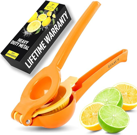 Zulay Kitchen Metal 2-in-1 Lemon Squeezer - Sturdy Max Extraction Hand Juicer Lemon Squeezer Gets Every Last Drop - Easy to Clean Manual Citrus Juicer - Easy-Use Lemon Juicer Squeezer - Orange/Yellow