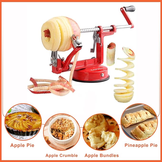 Apple Peeler Corer, Long lasting Chrome Cast Magnesium Alloy Apple Peeler Slicer Corer with Stainless Steel Blades and Powerful Suction Base for Apples and Potatoes(Red)