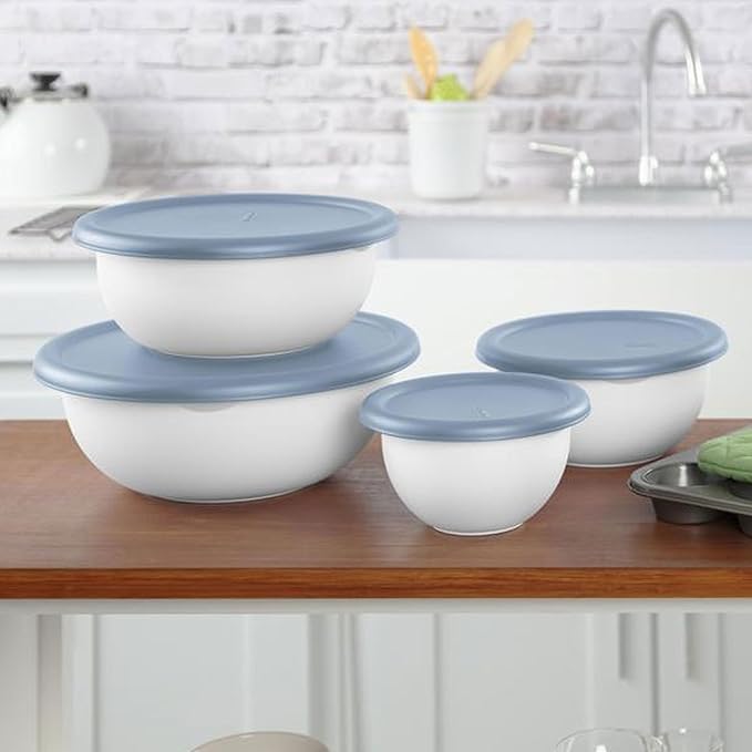 Sterilite Covered Bowl Set, Plastic Nesting Kitchen Mixing Bowls with Pour Spout, Meal Prep Food Storage Containers with Lids, Washed Blue (Set of 18)