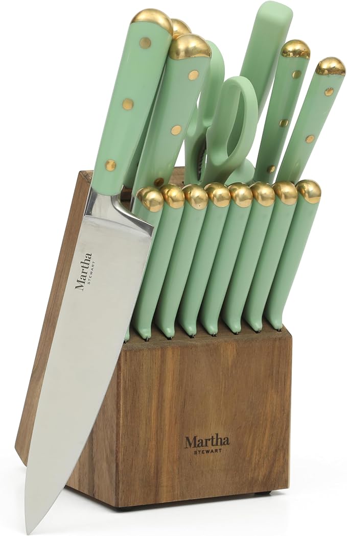 Martha Stewart 16 Piece Lockton High Carbon Stainless Steel Cutlery Kitchen Knife Block Set W/ABS Tripe Riveted Forged Handle Acacia Wood Block - Sage Green W/Gold