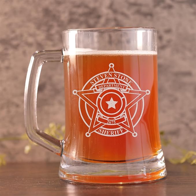 Personalized Beer Pint with Sheriff Badge for Law Enforcement, Custom Name and Number, Engraved Beer Glass with handle, Custom Gift For Men Dad Father's Day Police Officer