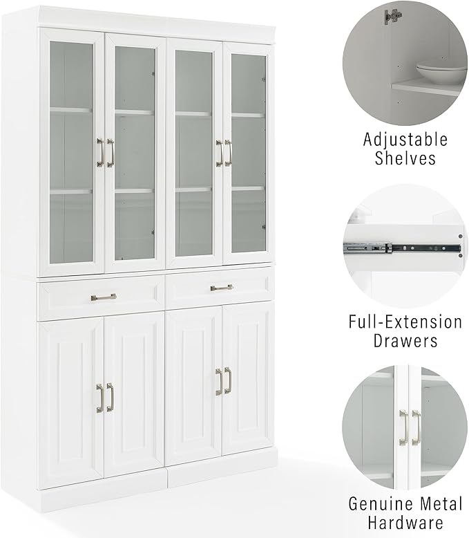 Crosley Furniture Stanton 2-Piece Glass Door Kitchen Storage Pantry Cabinet with Shelves Dining, Laundry Room, White