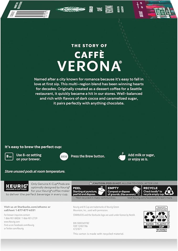 Starbucks K-Cup Coffee Pods, Dark Roast Hot or Iced Coffee, Caffè Verona, 22 Keurig Pods
