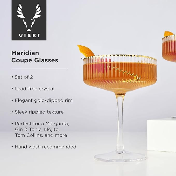 Viski Meridian Vintage Coupe Glasses, Art Deco Champagne Coupe Glassware, Gold Rimmed Stemmed Drinkware Set of 2, 11.5 oz