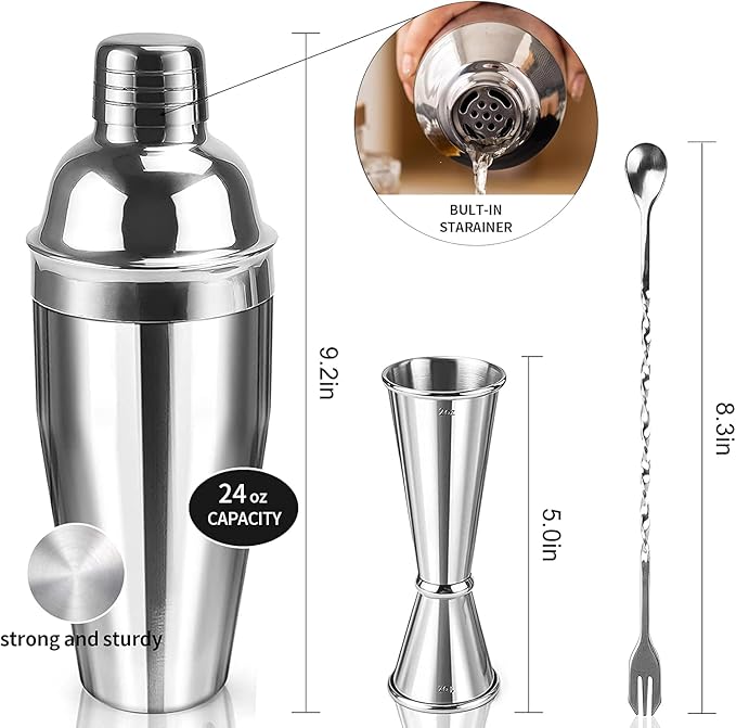 Personalized Cocktail Shaker 24oz - Custom Stainless Steel Bar Kit with Engraved Text, Built-in Strainer & Measuring Jigger & Spoon, Gift for Bartenders & Cocktail Lovers (Bartender Design)