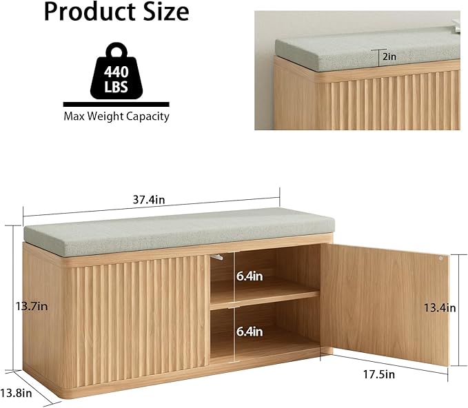 Entryway Shoe Storage Bench with 2" Cushion, 37.4" Small Bench with Shoe Rack, Cabinet Organizer for Hallway，Bedroom End of Bed,Light Oak