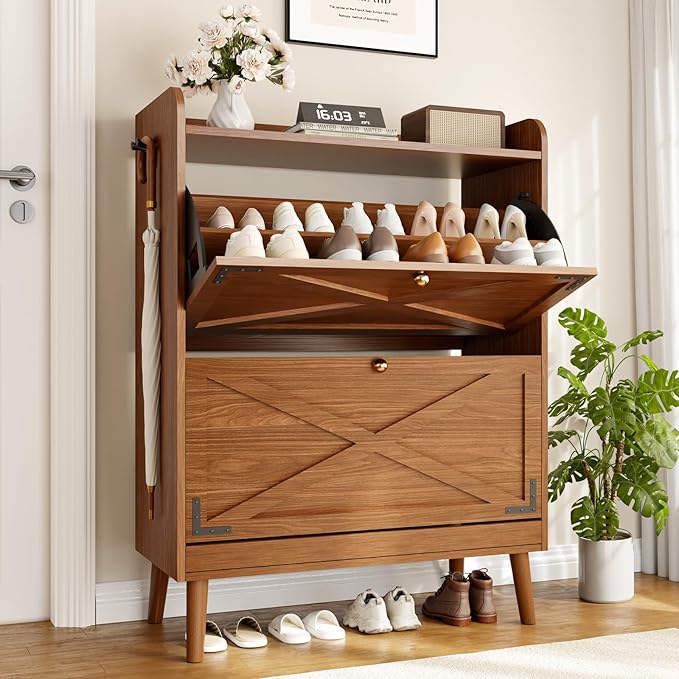 Shoe Storage Cabinet with 2 Flip Drawers & Adjustable Shelves,Narrow Shoe Cabinet Storage with Doors Side Hooks Wooden Shoe Rack Cabinet for Entryway,Hallway,Rustic Walnut