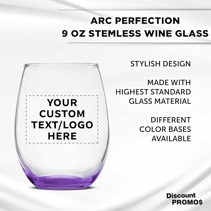 DISCOUNT PROMOS Custom Stemless Wine Glass 9 oz. Set of 10/50/100, Personalized Bulk Pack - Great for Wedding Favors, Bachelorette Party Decorations, Party Favors - Purple