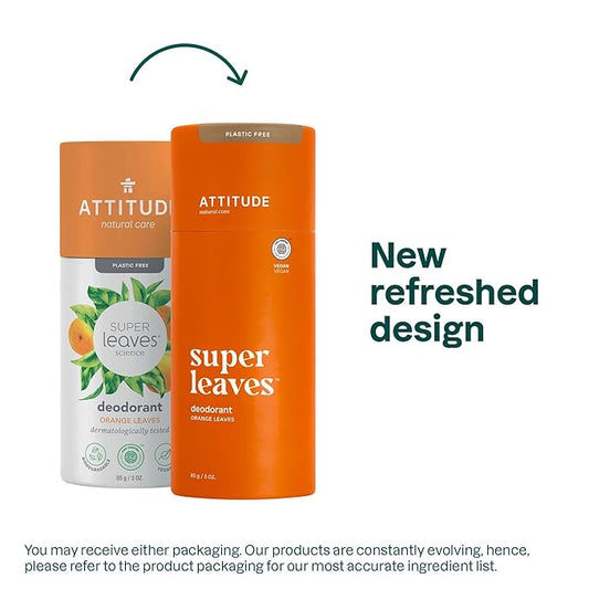 ATTITUDE Plastic-Free Deodorant, EWG Verified, Aluminum Free, Vegan Naturally Sourced Body Deodorants for Women & Men, Dermatologically Tested, Orange Leaves, 3 Ounces