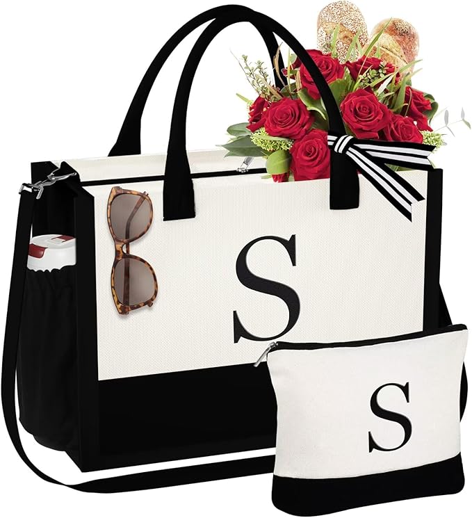 YOOLIFE Christmas Gifts for Women - Initial Tote Bag & Makeup Bag, Womens Christmas Stocking Stuffers Mom Wife Teacher Friend