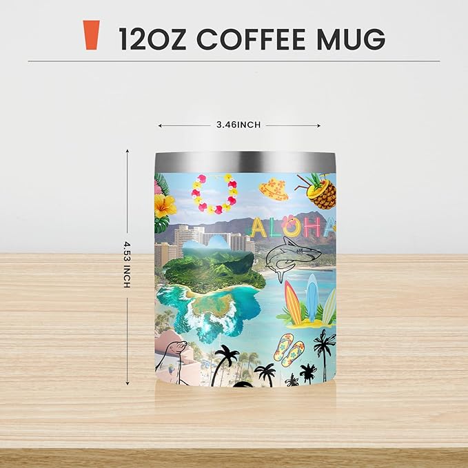 12oz Coffee Mug Hawaii State Insulated Coffee Cups, United States Map Travel Mug Landmark, Birthday Gifts Cute Mugs with Lid and Straw Mothers Day Gifts