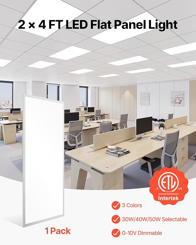 VEVOR 2x4 FT LED Flat Panel Light, 7800 LM, Flush Mount LED Drop Ceiling Lighting Fixture with 3 Color Selectable 4000K/5000K/6000K, 30W/40W/50W, 0-10V Dimmable, Ultra Slim for Home Office Kitchen