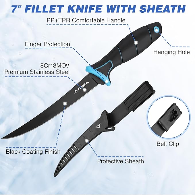 FLISSA 4-Piece Fish Fillet Set, Cleaning Kit - 7" Fillet Knife, Foldable Fish Board with Clamp, Knife Sharpener and Cut Resistant Gloves, Suitable for Easy Cleaning, Filleting and Cutting