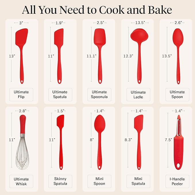 GIR: Get It Right 10-Piece Silicone Ultimate Kitchen Utensil Set – Spatulas, Ladle, Flip, Spoons, Whisk, Peeler & Spoonula – Nonstick, Non-Toxic, Heat-Resistant – Red
